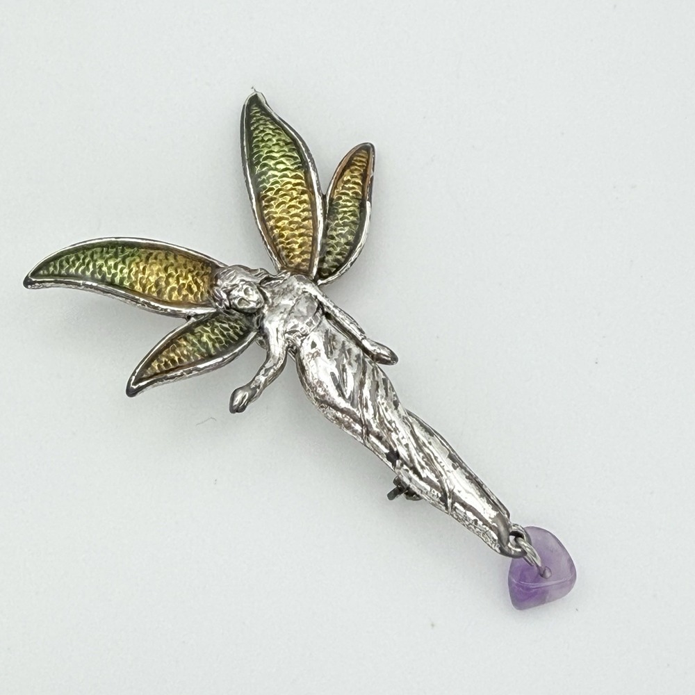 Signed LC Liz Claiborne Fairy Brooch Silver Tone Enamel Wings Purple Chip Dangle